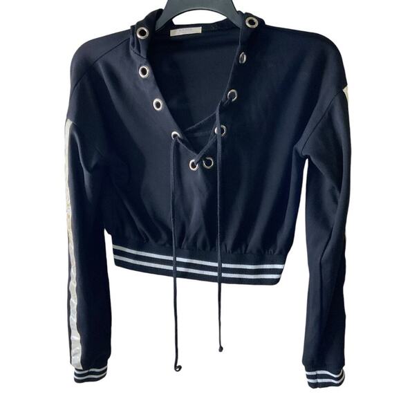 Nadia Cropped Vintage Sweatshirt Women M Drawstring Vneck Hooded Casual Pullover - Picture 5 of 10